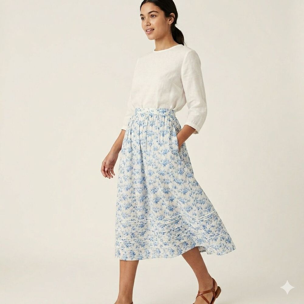 DÔEN Marcie Skirt Citron Rosier Floral Blue White Organic Cotton Maxi XS NWT*